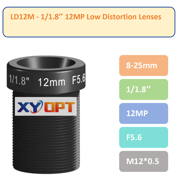 LD12M Series - 1/1.8'' 8-25mm 12MP F5.6 M12 Low Distortion Lenses