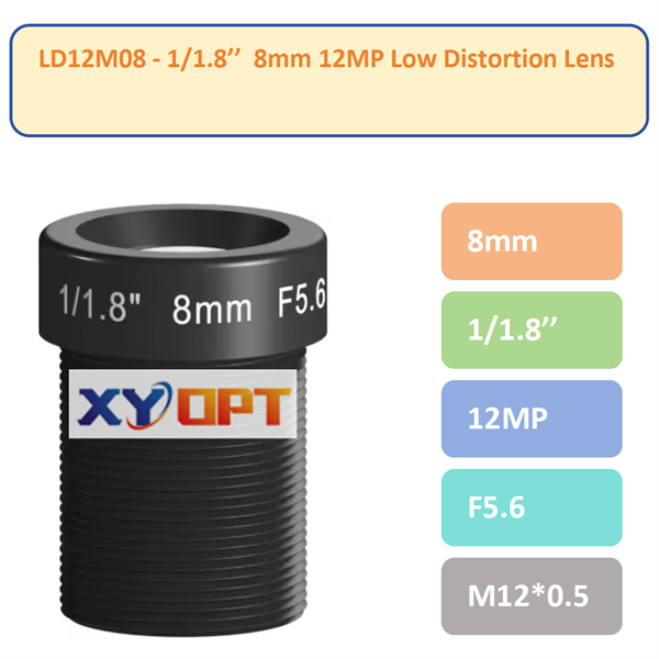 LD12M08 - 1/1.8'' 12MP 8mm F5.6 M12 Low Distortion Lenses