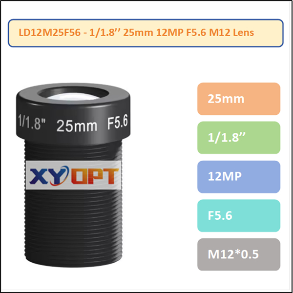 LD12M25F56 - 1/1.8'' 25mm 12MP F5.6 M12 Low Distortion Lens