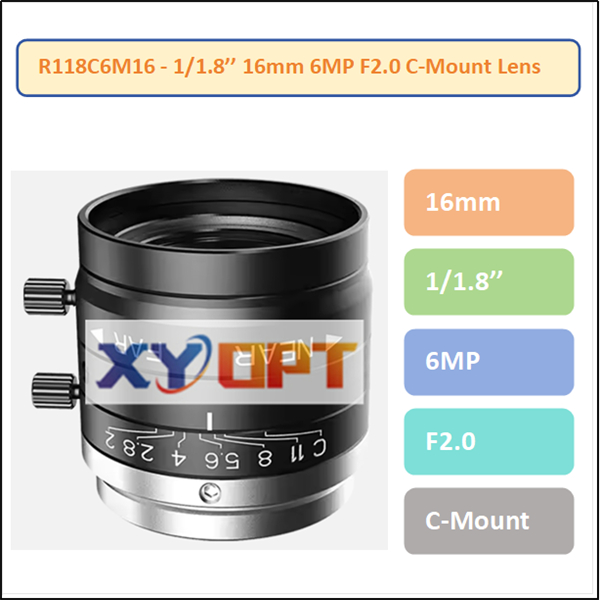 R118C6M16 - 1/1.8'' 16mm 6MP F2.0 C-Mount Lens